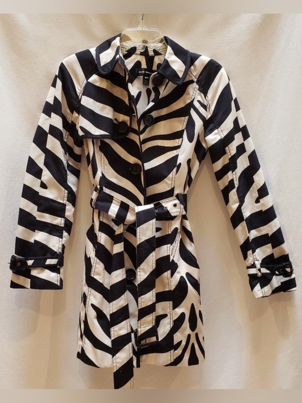 CLUB MONACO Black & Tan Zebra Print Trench Coat Size XS